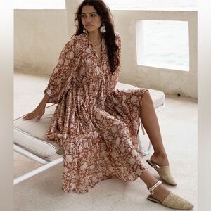 Daughters of India Kyra Midi Dress Caramel Size XXL Floral 100% Cotton